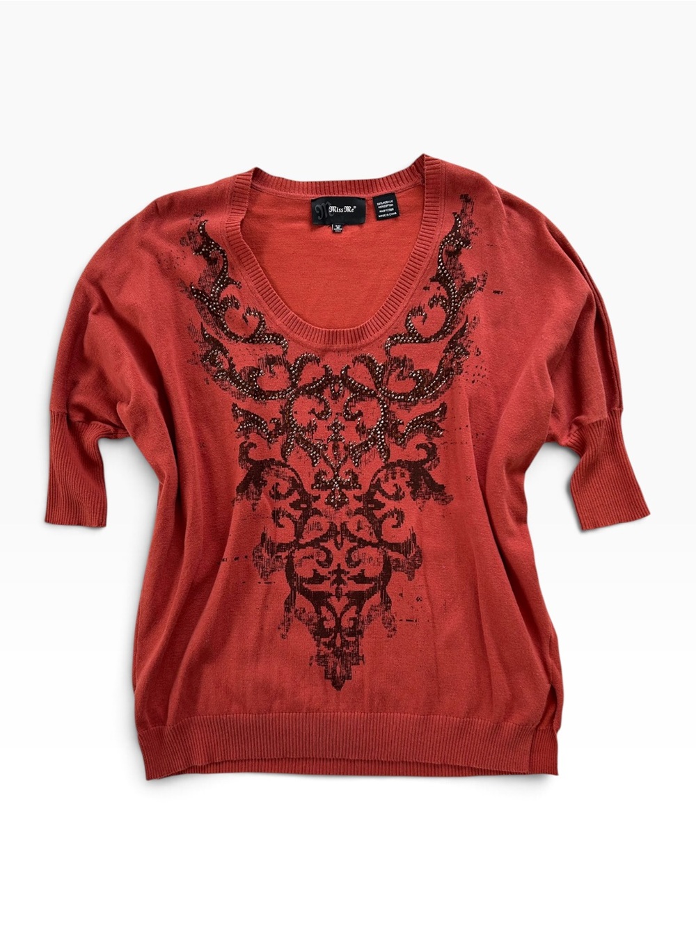2000s Rust Paisley Scoop Neck Mcbling Embellished Knit Top Vintage Miss Me
